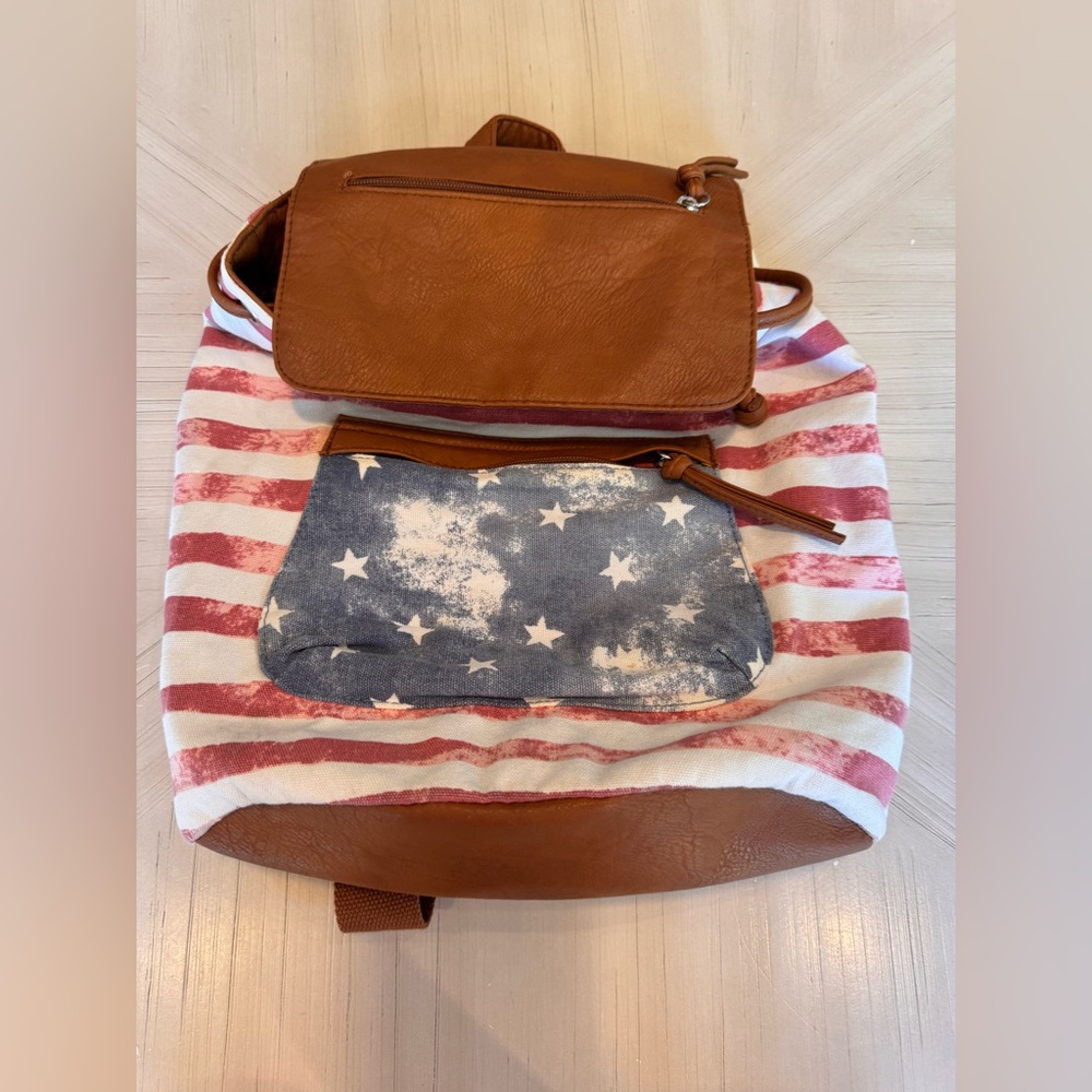 Rustic Distressed American Flag Canvas & Faux Leather Drawstring Backpack - Picture 12 of 13